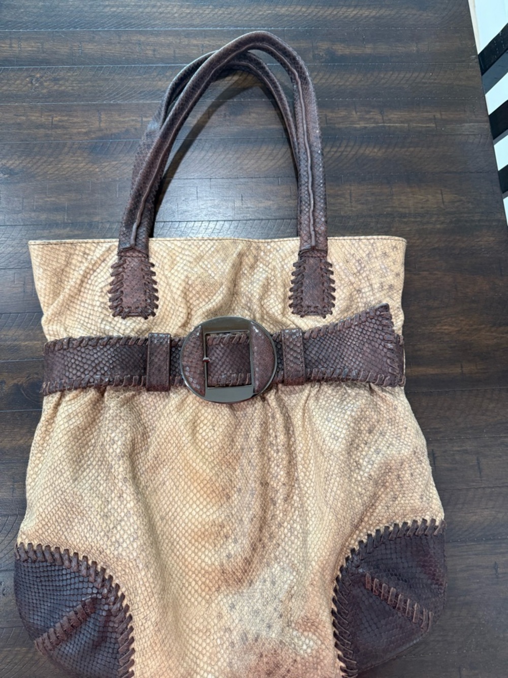 Sondra Roberts Two-Tone Tan and Brown Textured Tote with Buckle